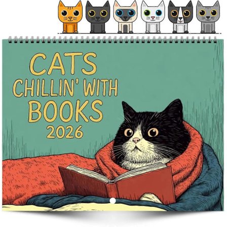 Katte der chiller med bøger 2026 Vægkalender - Søde kattebilleder, boglig gave til bogelskere, sjov boligindretning