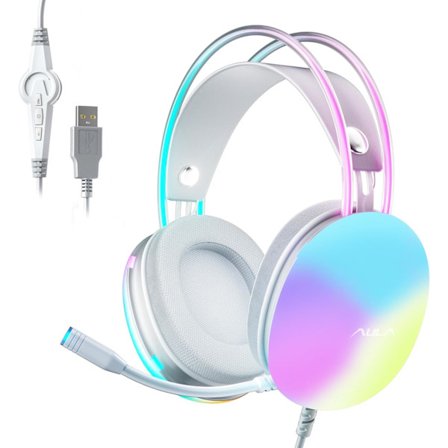 USB Gaming Headset med Mic til PC, RGB Regnbue Baggrundsbelyst Hovedtelefon, Virtuel 7.1 Surround Sound, 50mm Driver, Bløde Hukommelsesørekopper, 