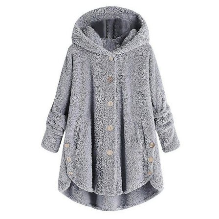 Dame Vinter Varmt Plysset Overfrakke Knappet Jakke Toppe Løse Hættede Yderbeklædning