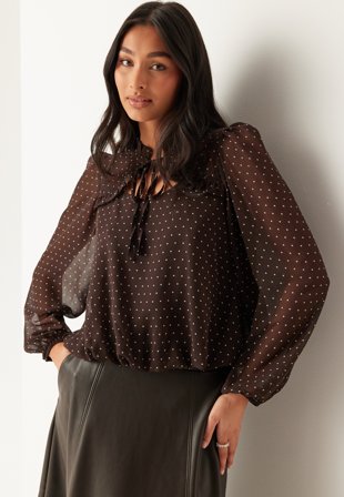 Bubbleroom - Frill Tie Blouse - Brown/Patterned - Kläder