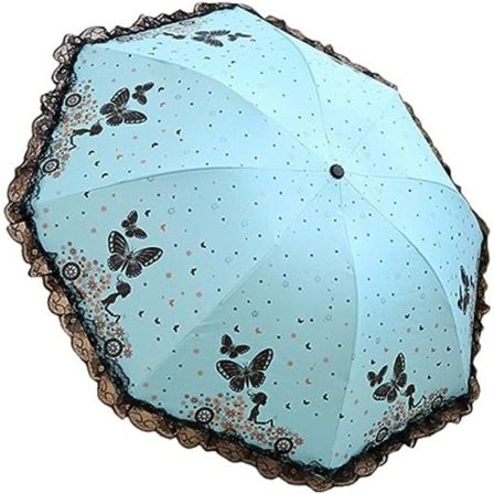 Mini solparaply (blå), enkel sommerfugl blonder side stil bærbar værbestandig kompakt sammenleggbar reiseparaply UV kvinners utendørs paraply 