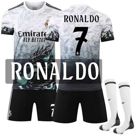24-25 Real Madrid Qinglong Special Edition Dragon Hvit Fotballdrakt Nr.7 C Ronaldo drakt med sokker for barn og voksne