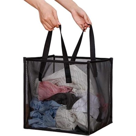 Foldbar vasketøjskurv i mesh med håndtag 33x33x33 cm Sort Bærbar opbevaring Kompatibel med boligindretning