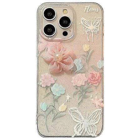 For iPhone 15 Pro Case Soft TPU 3D Rose Flower Glitter Phone Cover
