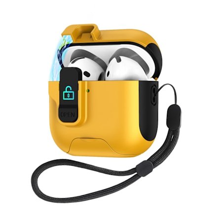 iPhone AirPods 4, jalustatyyppinen kuulokekotelo, monitoiminen kuulokekotelo, keltainen