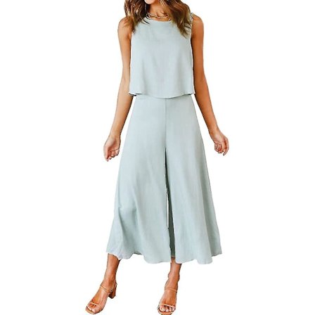 Roylamp Naisten Kesän 2-osainen Asu Pyöreäkauluksinen Lyhyt Perus Toppi Lyhennetyt Leveälahkeiset Housut Setti Haalarit