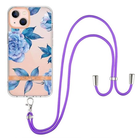 Slim And Durable Softcover With Lanyard For iPhone 14 - Hc003 Sininen Peony