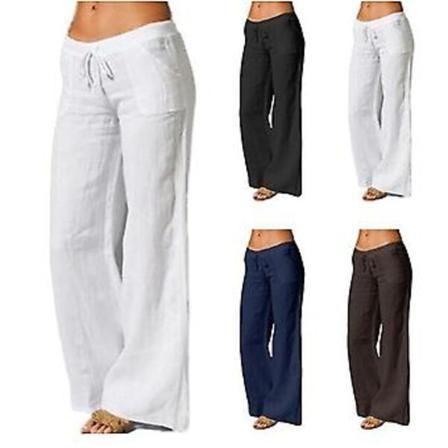 Damernas Bomullslinne Vida Benbyxor Solid Casual Elastisk Midja Långa Byxor (L vit)