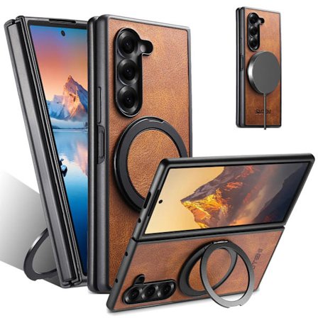 for Samsung Z Fold7/6/5 magnetisk trådløs lade mobiltelefondeksel 360° roterende ring spenne brakett skinnveske - Perfet