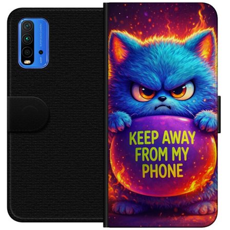 Yhteensopiva Lompakkokotelo Xiaomi Xiaomi Redmi Note 9 4G Vihainen pörröinen sininen kissa, jossa teksti "Pidä loitolla puhelimestani" neonväreill