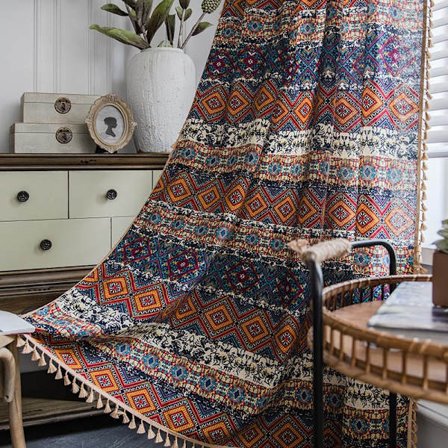 Boheme gardin etnisk stil gul firkantet trykt soveværelsesgardin Slidstang-gul firkantet kaffe broo