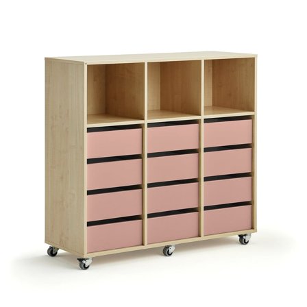 Elevförvaring CASPER, 12 lådor, 3 toppfack, hjul, björk, mörkrosa