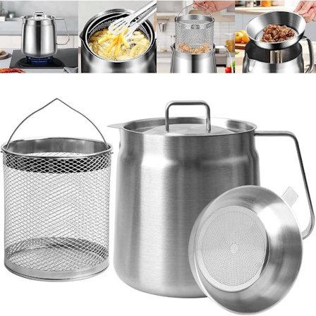 Frituregryde i rustfrit stål - 2 L filterkande adskiller fedtrester med kurv Stor kapacitet Egnet til gas og induktion Inkluderer Frying_yu