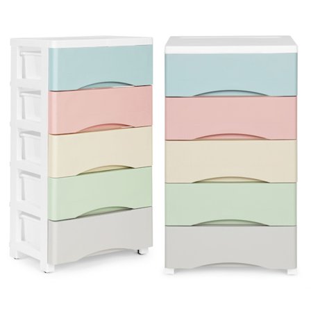 Bokhylla med 5 utdragbara lådor, ben med hjul, färgglada lådor