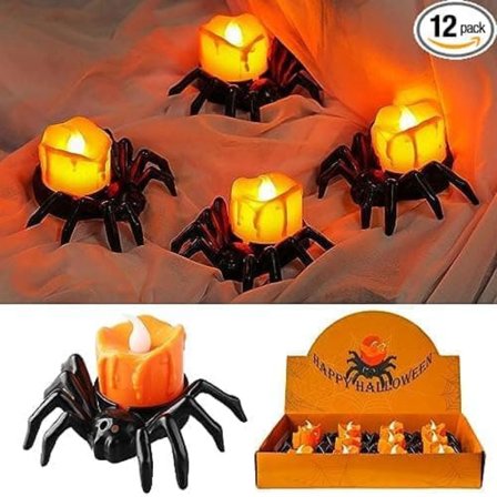 12 STK Halloween Tealjus – Batteridrevne Flammeløse LED-lys med Edderkoppemønster, Skræmmende Elektriske Flimrende Lys til Halloween-fester_OF