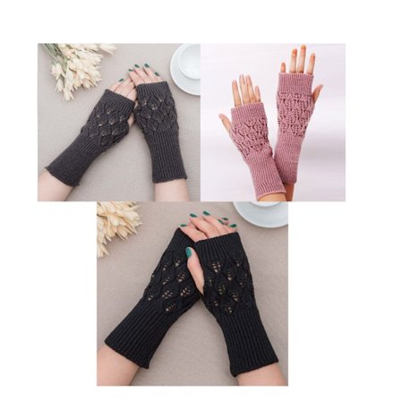 3 par akryltrimmede uldhandsker strikkede halvfingerhandsker C