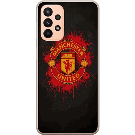 Kompatibelt Mobildeksel til Samsung Samsung Galaxy A23 Manchester United logo i rød og gul farge med røff sportslig bakgrunn