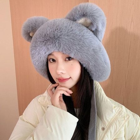 Faux Fur Beanies Hat Katteøre strikket hue GRÅ