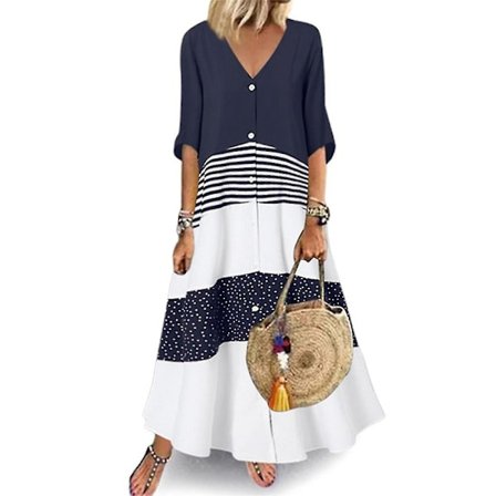 Kvinnor Halvärm Colorblock Klänning V-hals Lång Lång Kaftan Klänning