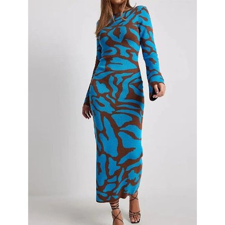 Sommar Kvinna Randig Stickad Maxi Kläder Elegant O-ring Flare Långärmad Bodycon Kläder Dam Mode Streetwear Party Kläder