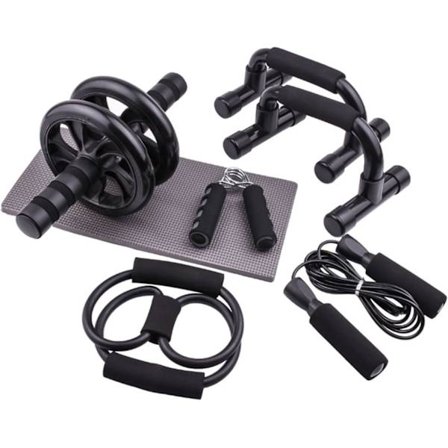 7-in-1 punnerrustelinepakkaus vatsarullalla, vastuskuminauhalla, hyppynarulla, käsipuristimella, polvityynyllä – monitoiminen kotikuntosalilaite