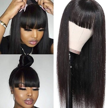 Silky Brazilian Virgin Straight Human Hair Wigs With Bangs 130% Density None Lace Front Wigs Glueless Machine Made Wigs For Black Women Natural Color