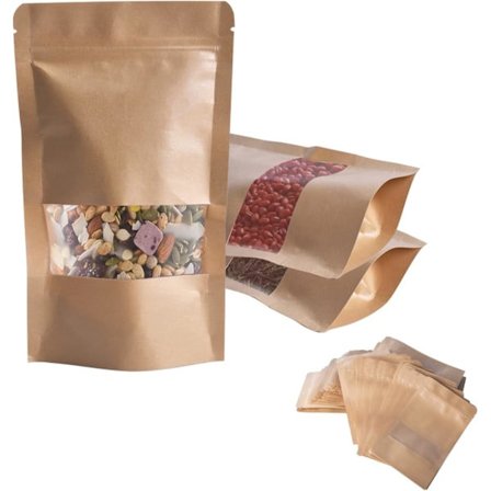 Kraftpapirspose med vindue 100 stk, Kraft-tepose med lynlås