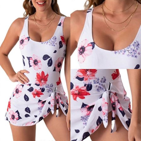 Dame Sideknude Print Svømmedragt med Mavekontrol, Badedragt med Skørt i Rosarød