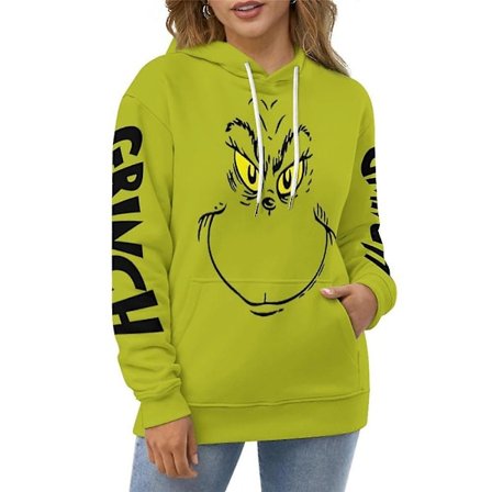 Plus Size Julgrinch Tryckad Hoodie för Vuxna Grön Monster Huvtröja Casual Toppar Presenter
