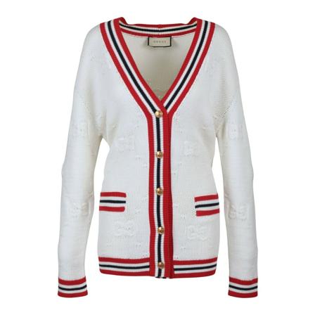 Gucci, Striped Wool-Blend Jacquard-Knit Cardigan Wit, Dames, Maat:L,Polyamide,streep
