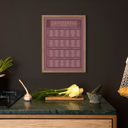 Plakat med Sæsonernes råvarer fra Gehalt — Stilren sæsonguide