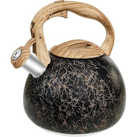 Komfyrtopp fløytekjele, rustfritt stål tekanne med trekorns anti-skold håndtak for gasskomfyr induksjon komfyr, 2,8 l svart