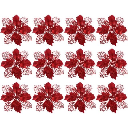12 stk. Glitter Poinsettia Ornamenter Juletræ Dekorationer