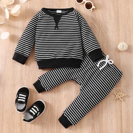 Baby Boy Kläder New Born Overall Sweatshirts 2st Baby All Over Randig bomull Långärmad pullover och byxa set Black 3-6 Months