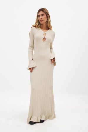 Sofi Fahrman Engelbert x NA-KD - Strikket maxikjole med volangkant - Høstkjoler - Beige - XS (EU 32)