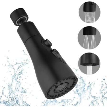 Svart kjøkkenkran spray, 3-posisjons kjøkkenkran dyse