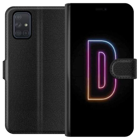 Kompatibel Tegnebogsetui til Samsung Samsung Galaxy A71 Minimalistisk neonbogstav D i farveskiftende lys mod sort baggrund i moderne digital design