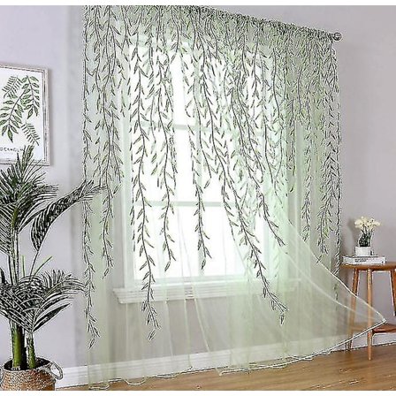Grønne Gennemsigtige Vinduesgardiner - Willow Blade Print Voile Gennemsigtig Gardin