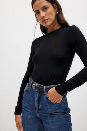 NA-KD Soft Line Long Sleeve Top - Basic toppe - Sort - XS