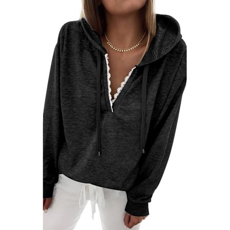 Dam Huvtröjor Toppar Långärmad Casual Dragsko Spets V-hals