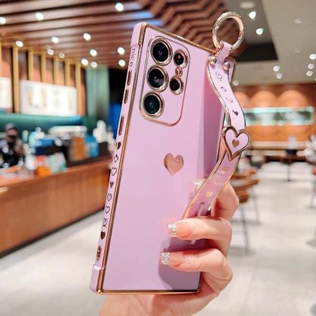 Plating Love Heart-deksel Kompatibelt med Samsung Galaxy S23 Ultra, Mykt TPU-beskyttelsesdeksel med håndleddsstropp