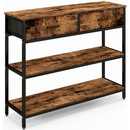 COSTWAY teollisuuskonsolipöytä 3 tasoa, 2 laatikkoa - 100 x 30 x 80 cm maalaismainen ruskea metallikehys