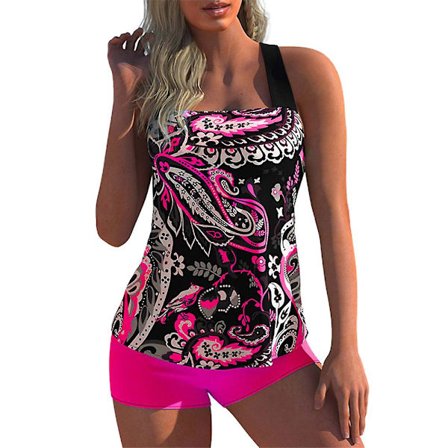 Kvinnors blommiga tankini-set bikiniöverdel pojkshorts baddräkt strandkläder badkläder plus size