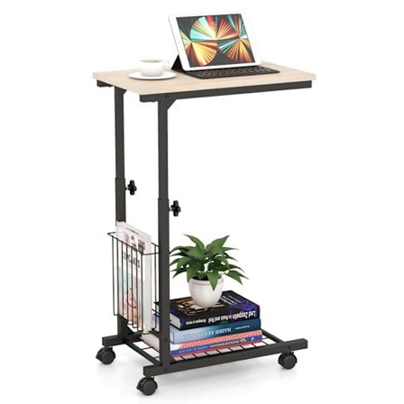 COSTWAY Rullende C-formet Sidebord, Højdejusterbar 58-80 cm, med Opbevaringskurv, til Sofa, Naturlig