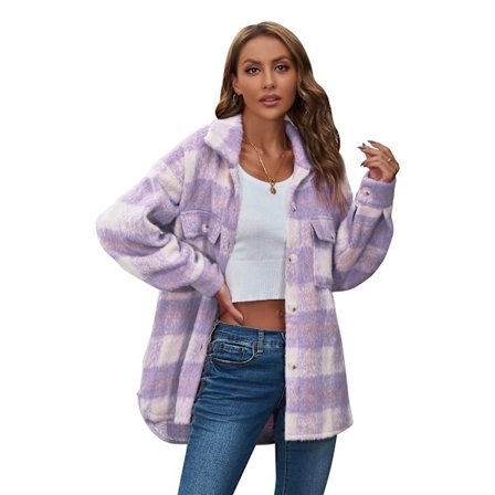 Kvinnors Långärmad Casual Rutig Shacket Jacka Skjortor Krage Tweed Pea Coat