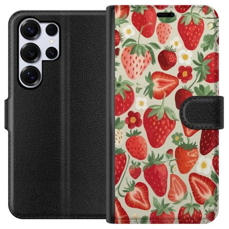 Kompatibel Tegnebogsetui til Samsung Galaxy S25 Ultra Dekorativt mønster med røde jordbær, grønne blade og små blomster