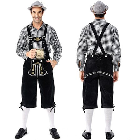 Tysk Oktoberfest Kostyme Menn | Rutete Skjorte med Broderte Seler & Hatt*Svart topp + svarte seler + hatt*M Svart topp + svarte seler + hatt
