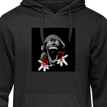 Barnehettegenser 67 meme skrekk ansikt svart rød skrekkdesign seks syv meme viral trend ikonisk utseende