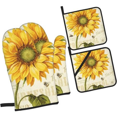 Sunflowers Oven Mitts and Pot Holders 4 Pcs Sets Heat Resistant Gloves for Kitchen BBQ Cooking Baking Grilling