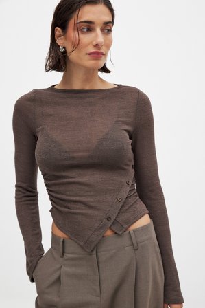 NA-KD Button Detail Top - Langærmede t-shirts - Brun - XL (EU 46)